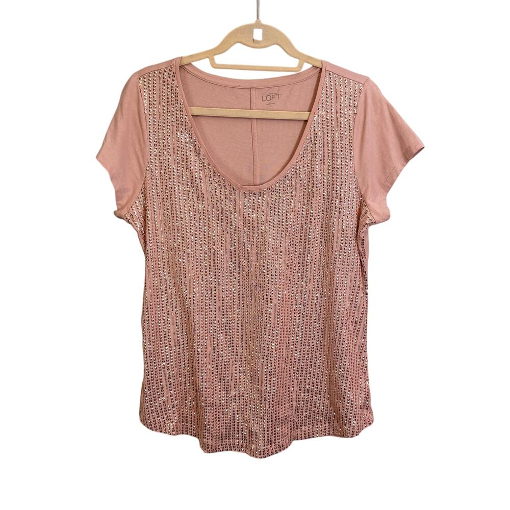 Ann Taylor Loft Blouse Women L Pink Beaded Sequin Embellished Short Sleeve Party